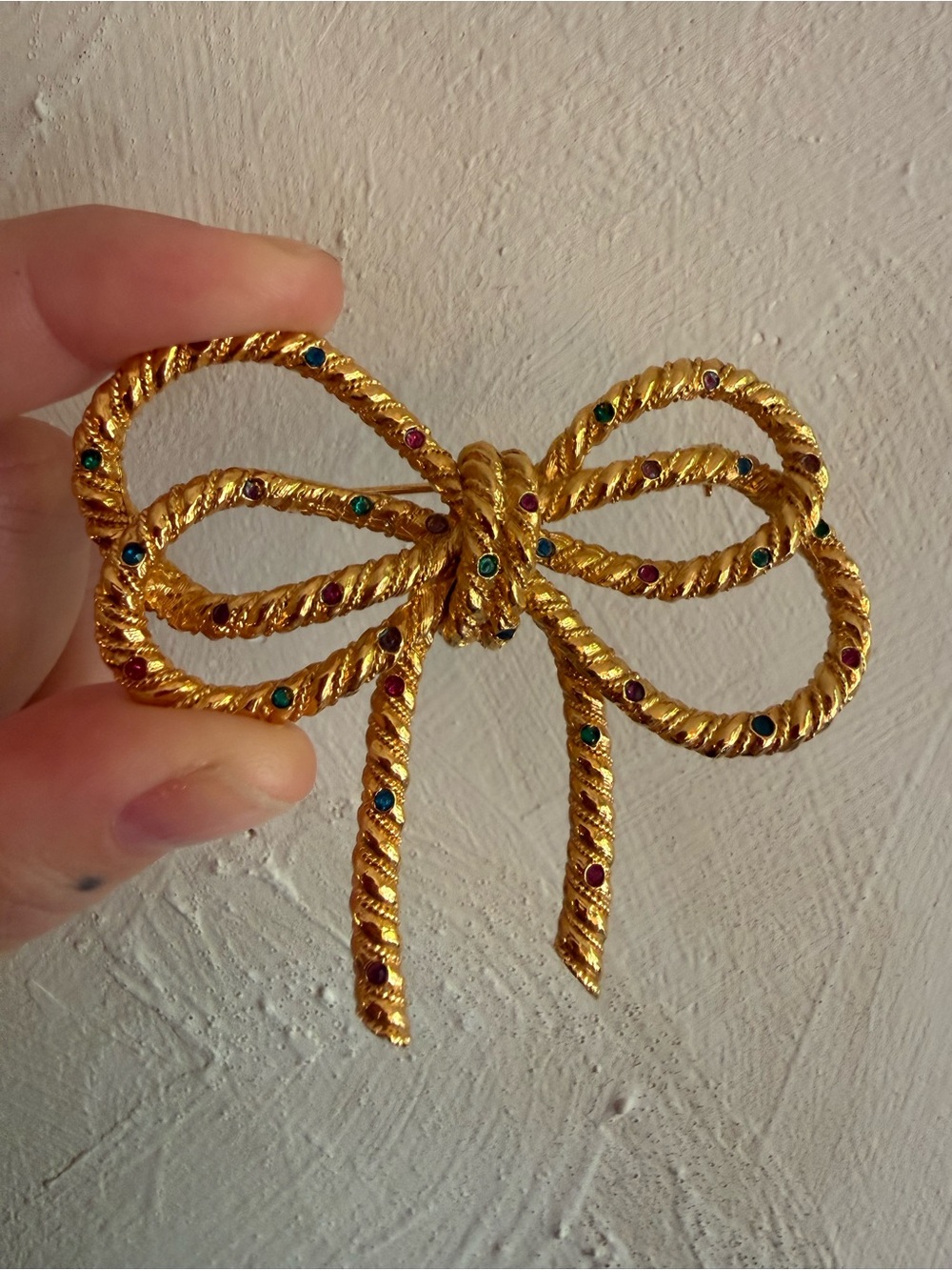 Gold Bow Brooch with Multi-Color Rhinestones